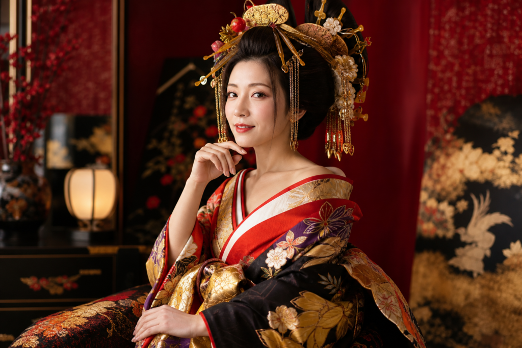 一人で花魁体験を楽しむ女性のスタジオ撮影