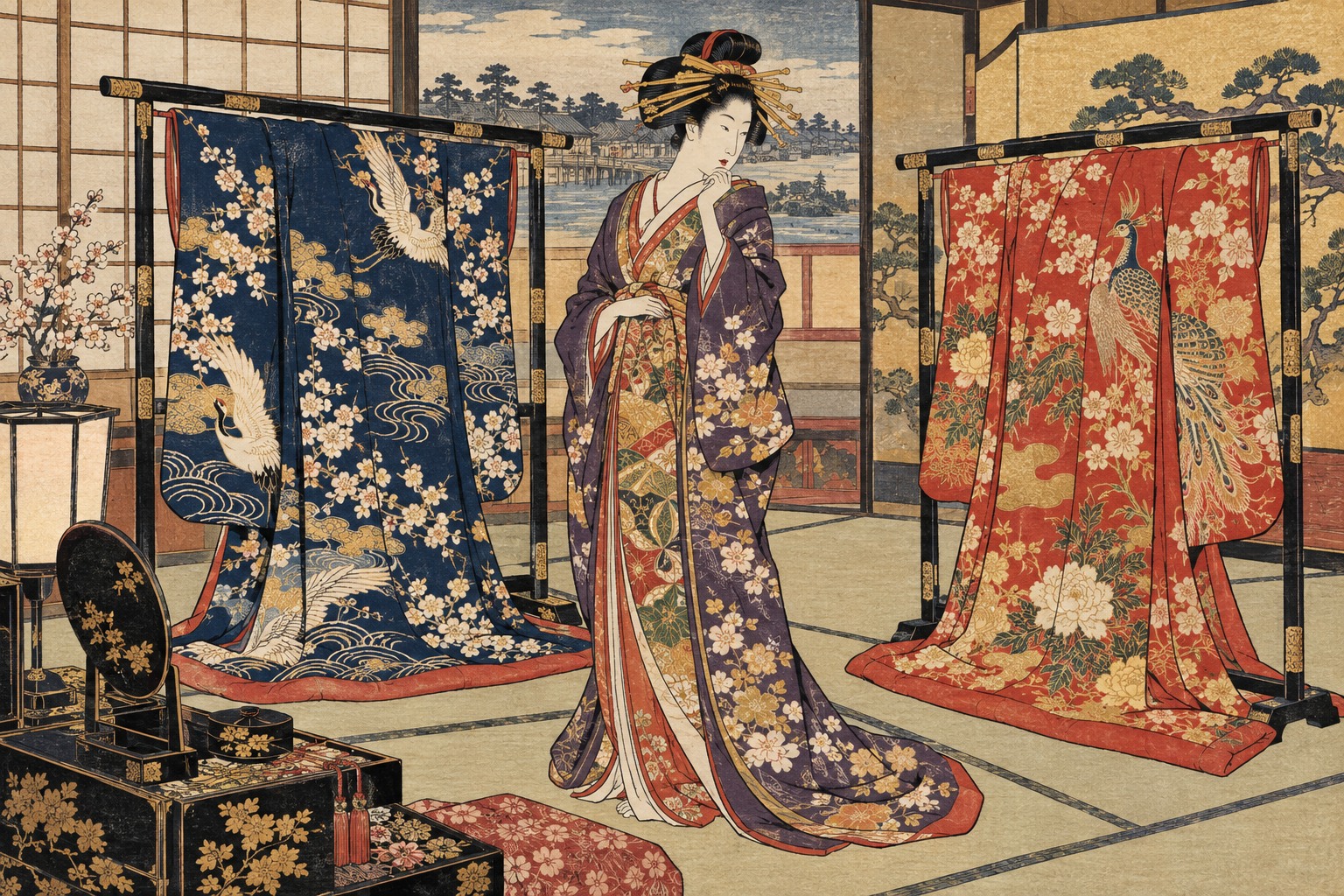 花魁体験の衣装を見比べる女性を描いた浮世絵風イラスト