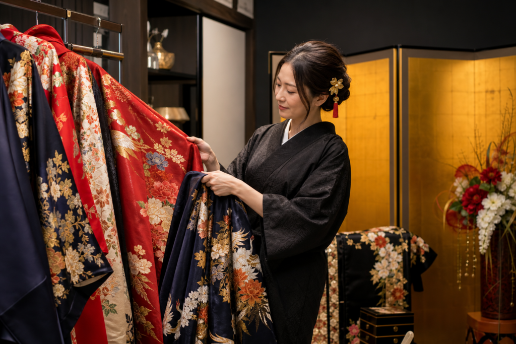 花魁体験の前に赤と紺の衣装を見比べる女性