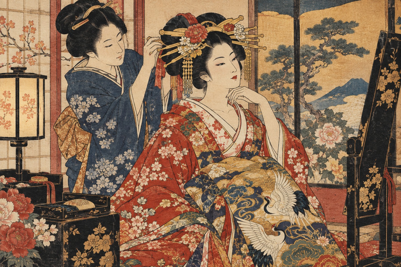 一人で花魁体験を楽しむ女性と支度を手伝うスタッフの浮世絵風イラスト